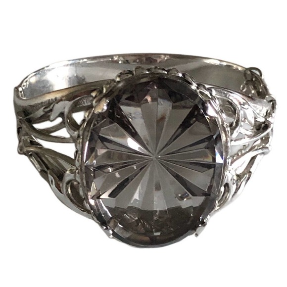 Silver Whiting & Davis Gray Starburst Glass Oval Stone Hinged Bracelet 7” - Picture 1 of 10